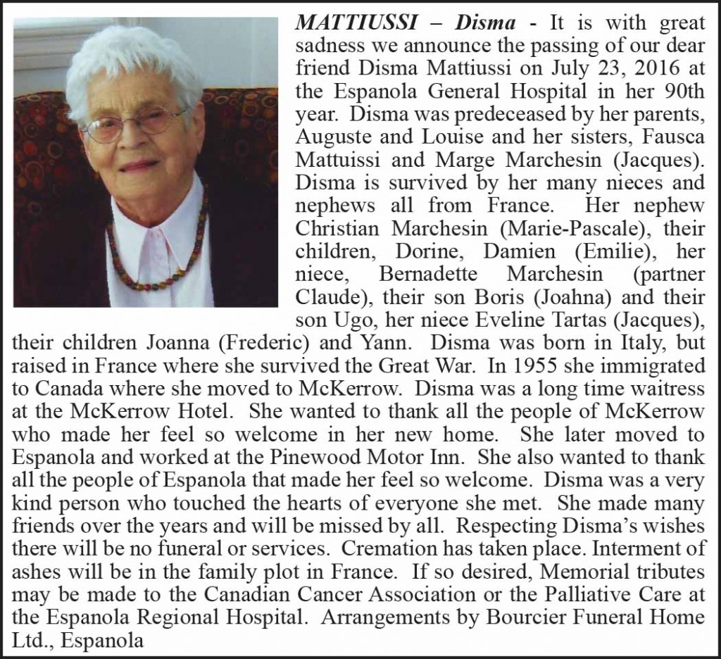 Obituary MATTIUSSI – Disma Colour August 2-2016