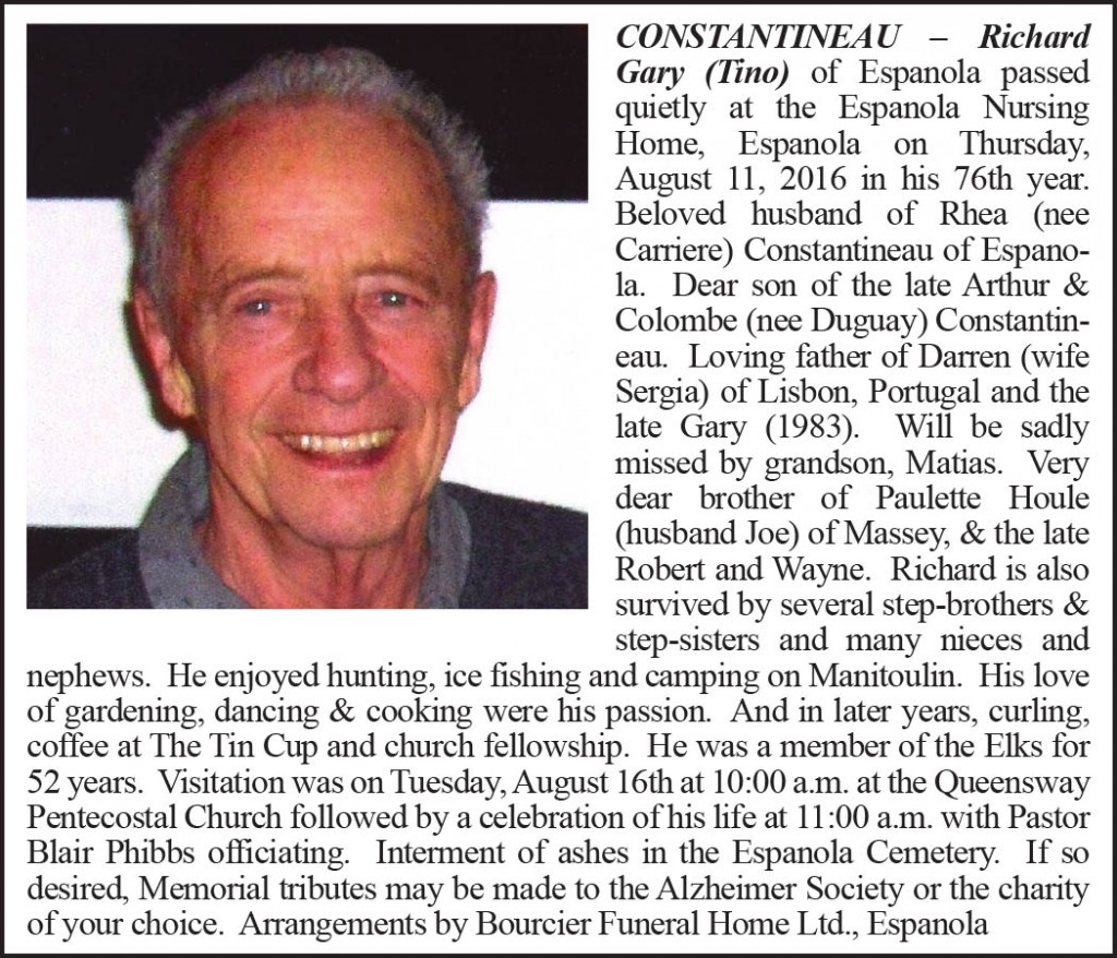 Obituary Richard Gary Constantineau 2 August 23-2016