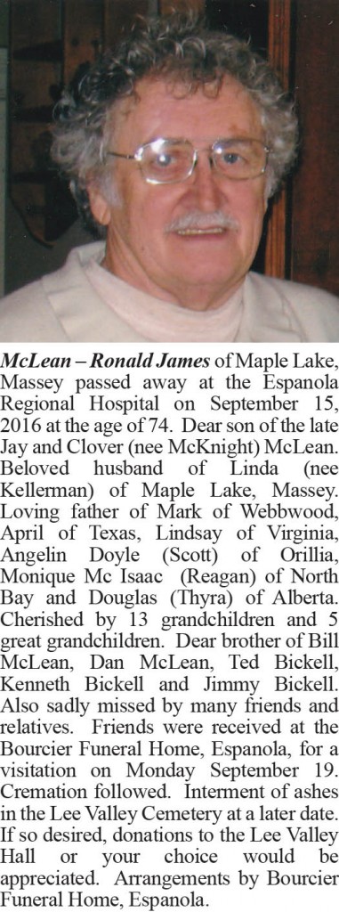 Obituary McLean-Ronald James September 27-2016
