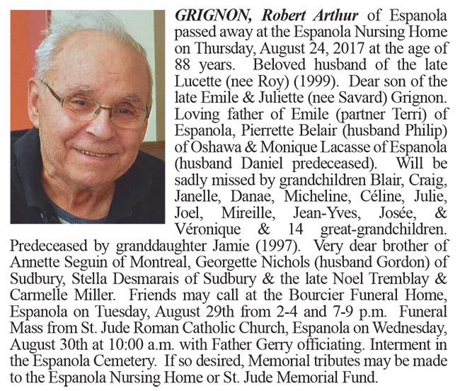 Obituary Grignon Robert Arthur Website September 5-2017