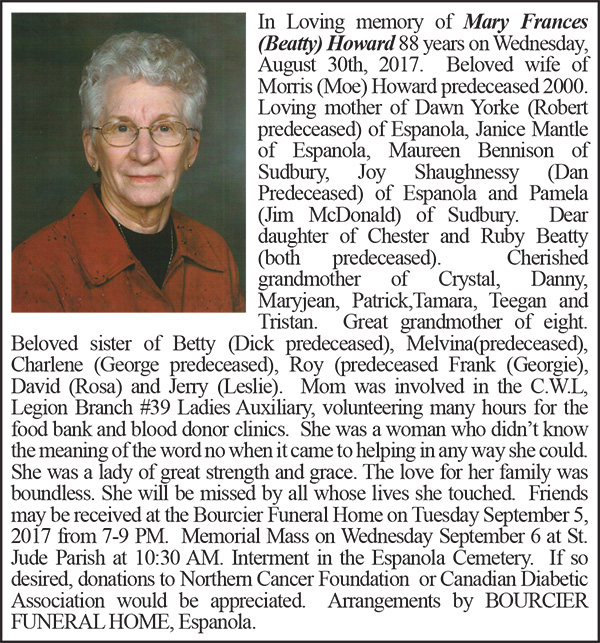 Obituary Mary Howard Colour September 12-2017