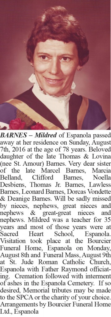 Obituary BARNES - Mildred August 16-2016