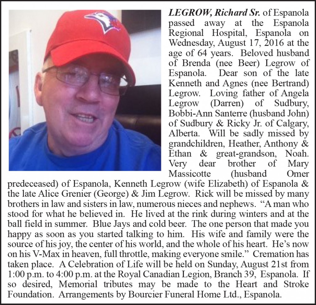 Obituary - Legrow, Richard Sr. Colour August 30-2-16