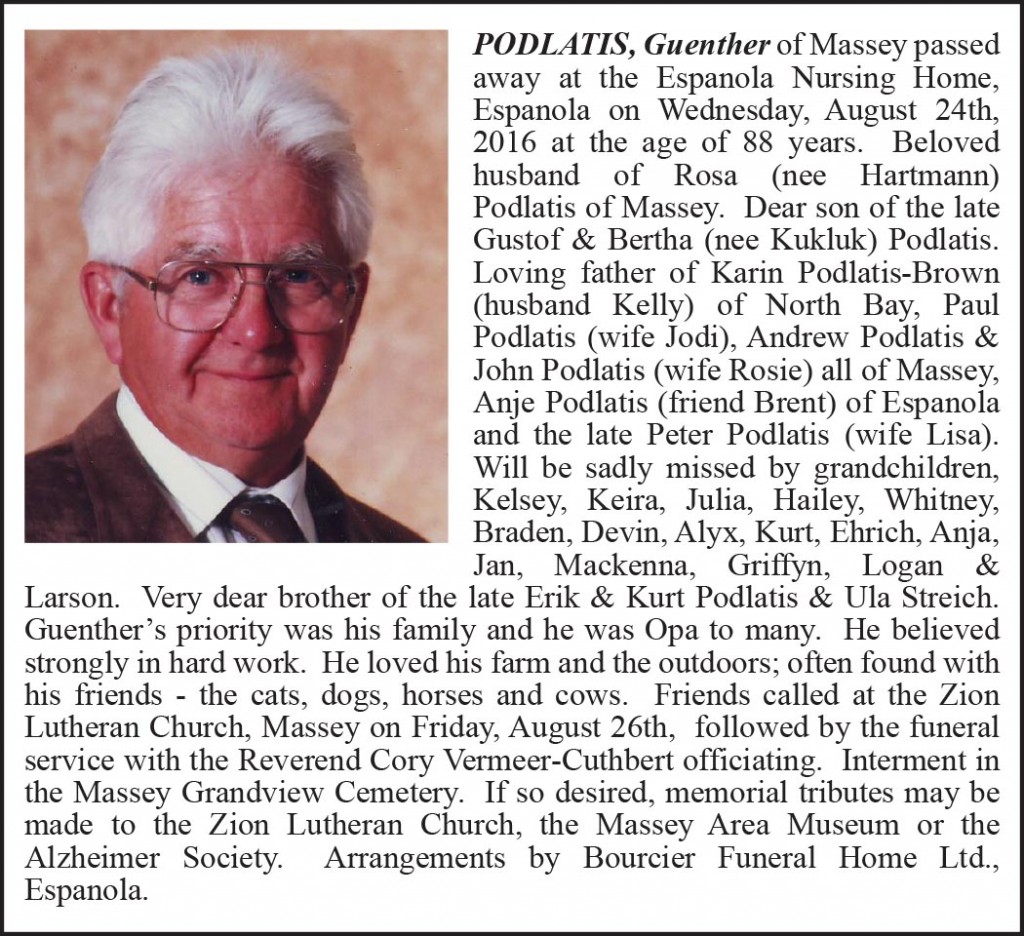 Obituary PODLATIS Guenther September 6-2016