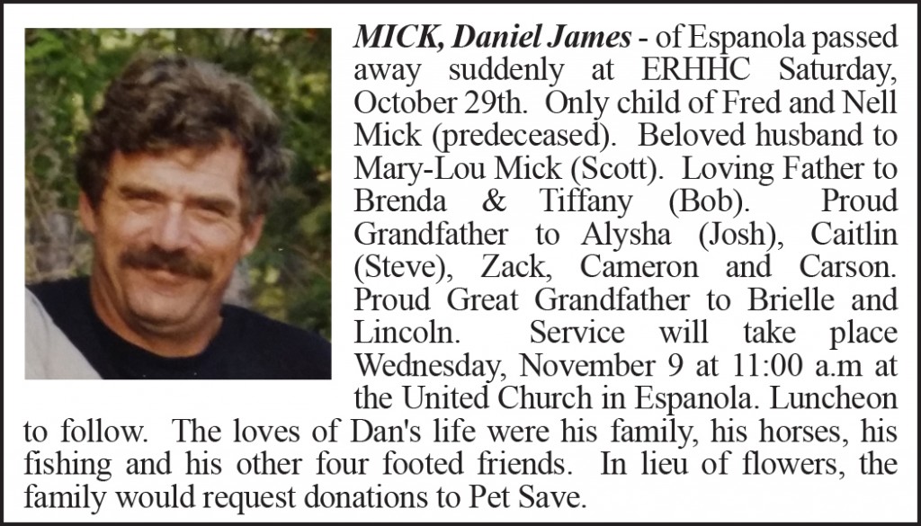 Obituary MICK, Daniel James colour November 8-2016