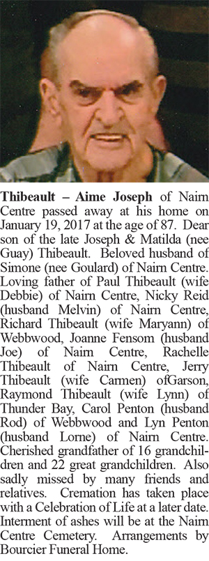 Obituary Thibeault – Aime Joseph Colour January 31-2017