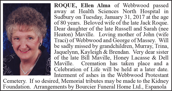 Obituary ROQUE, Ellen Alma Colour February 7-2017