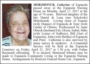 Obituary MOKOHONUK, Catherine April 25-2017