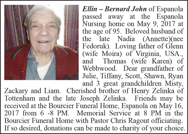 Obituary Ellin - Bernard John Colour May 23-2017