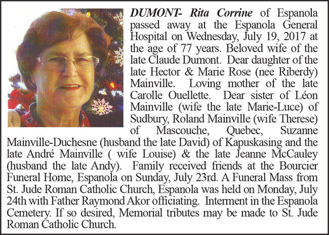 Obituary DUMONT- Rita Corrine Colour August 1-2017