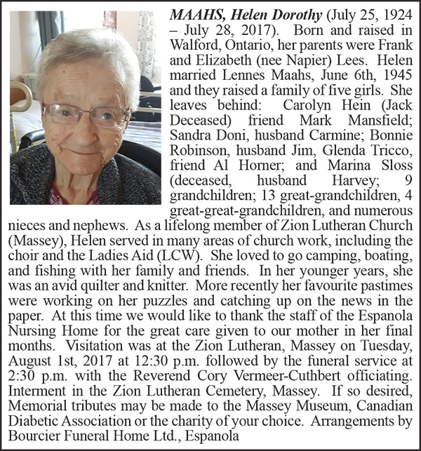 Obituary MAAHS, Helen Dorothy Colour August 8-2017