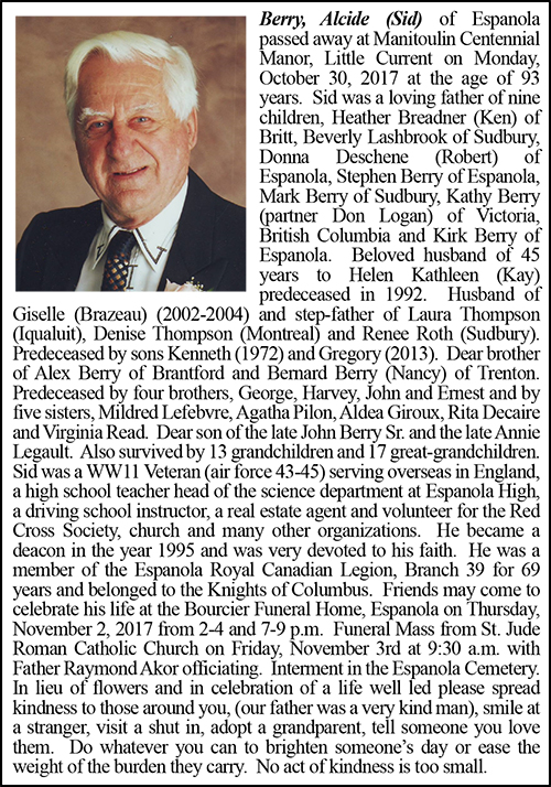 Obituary Berry, Alcide (Sid) Colour November 7-2017
