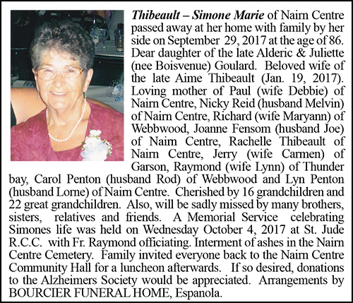 Obituary - Thibeault – Simone Marie Colour October 10-2017