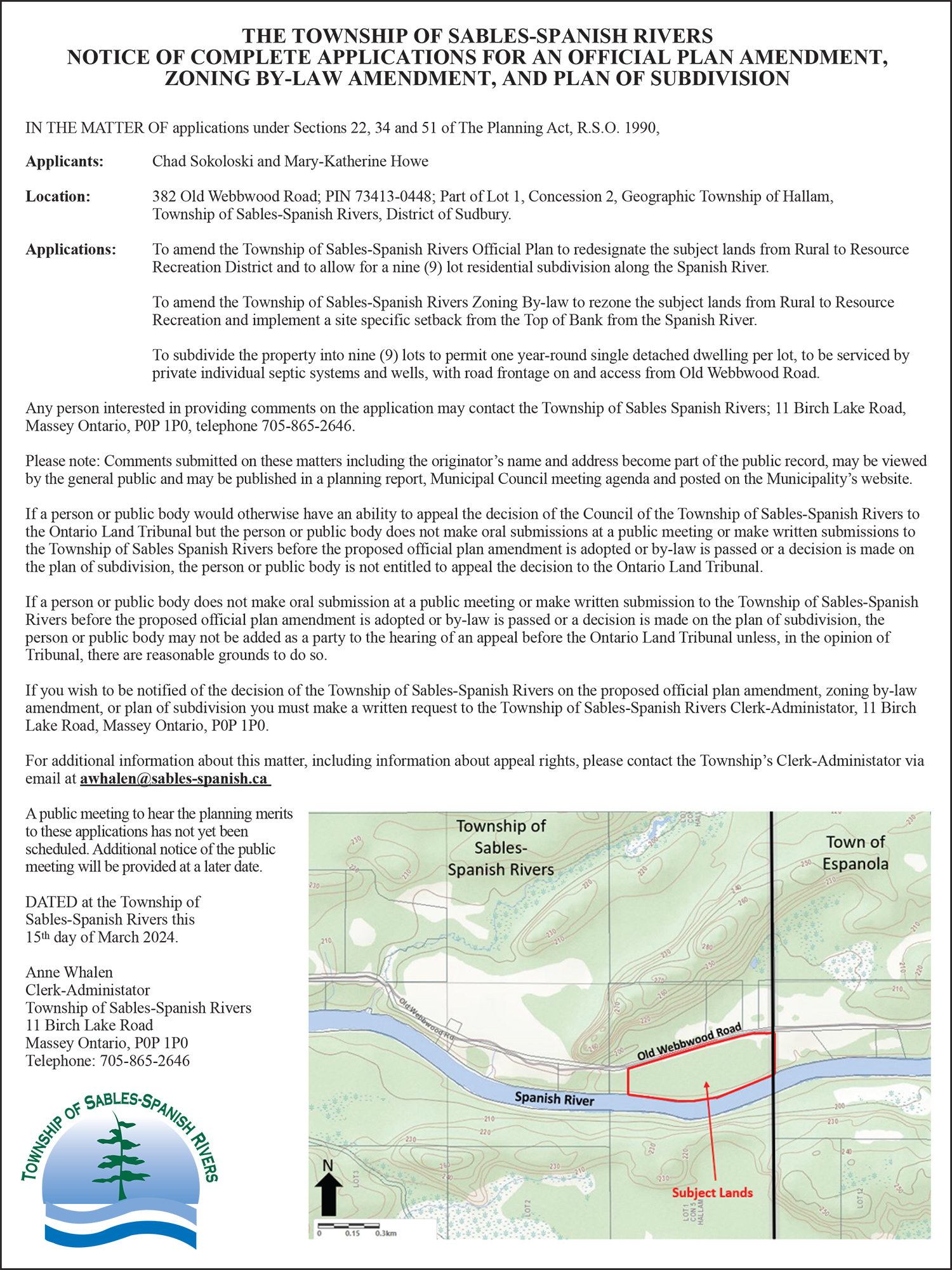 Notice Sables Spanish Rivers Township Around and About